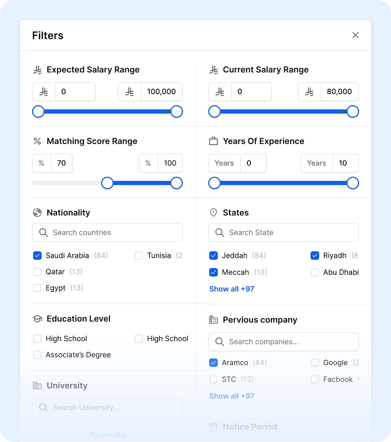 Talent filter interface